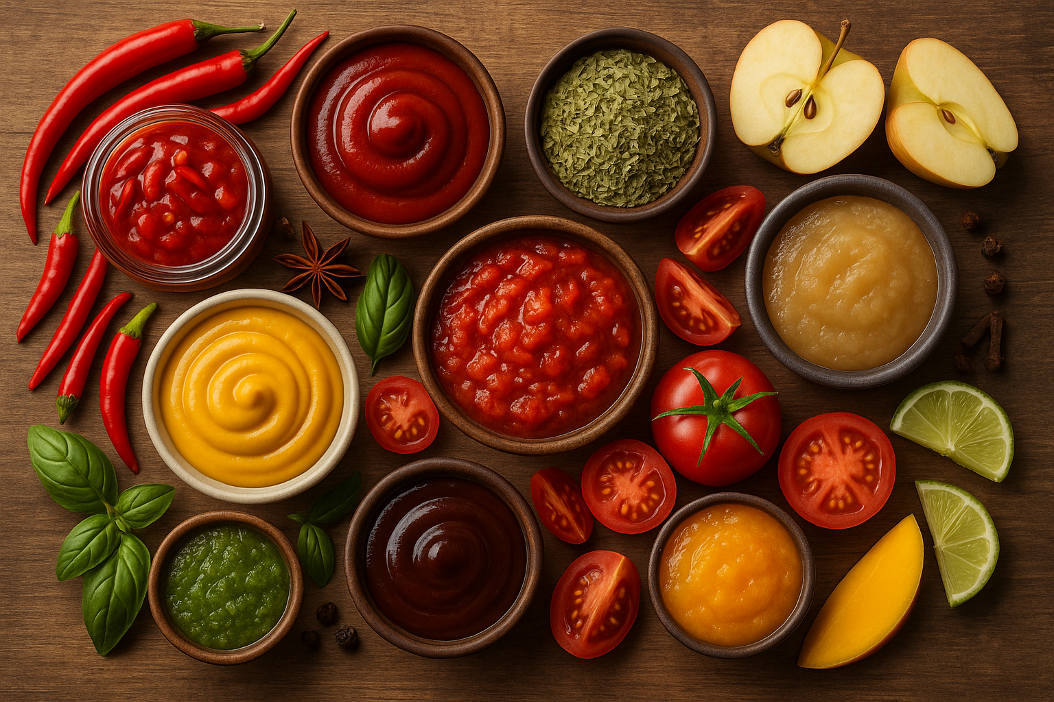 Assorted fruit pulps and sauces in glass jars