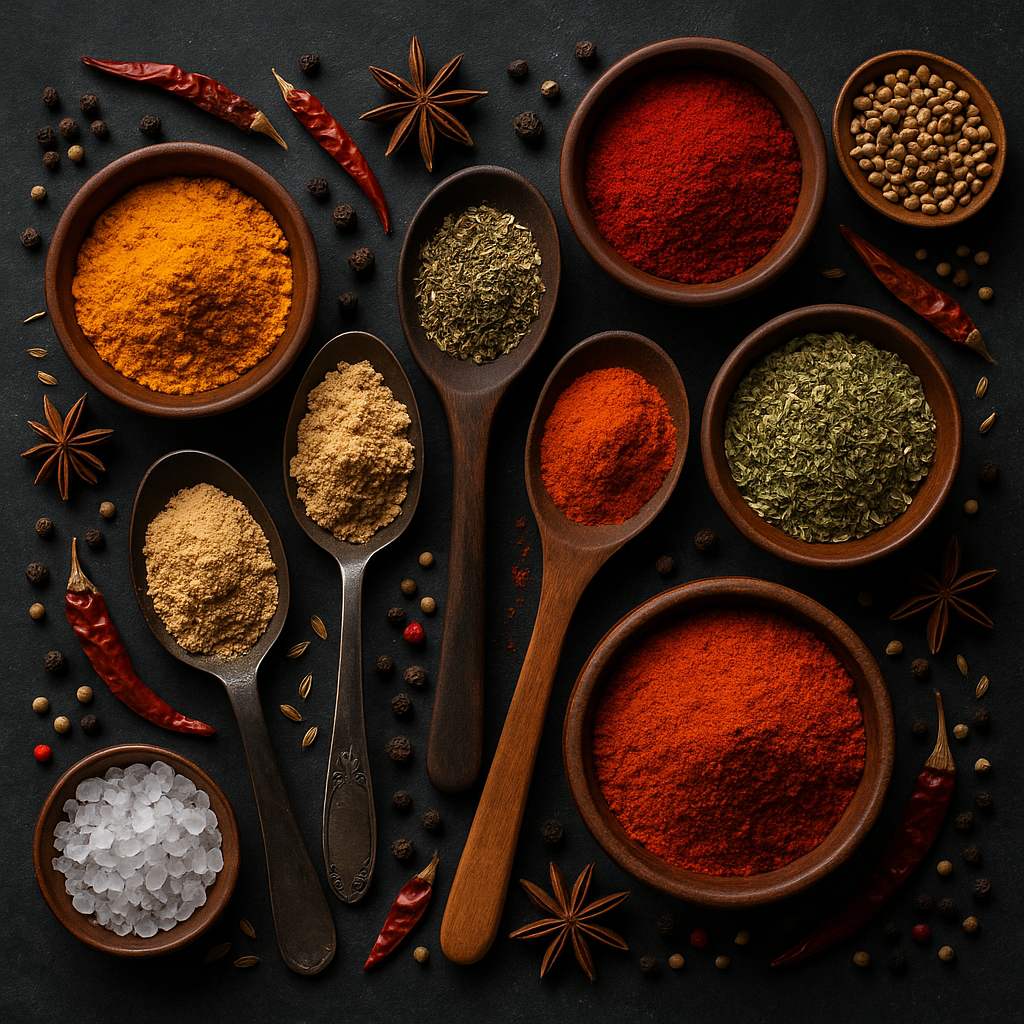 Colorful Indian spices including turmeric, paprika, and cardamom